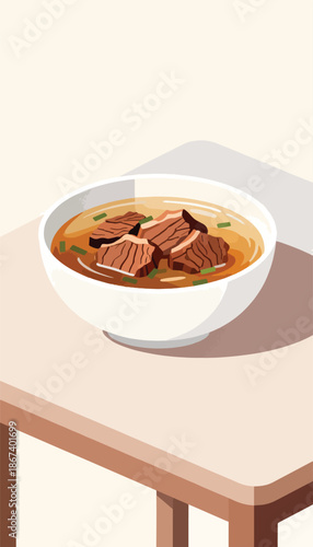 Hearty beef stew in a white bowl, garnished with green onions, on a light table