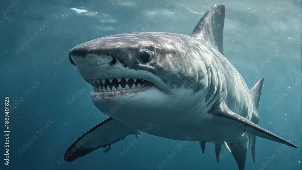 Fototapeta premium Great White Shark underwater portrait with visible teeth and powerful body.