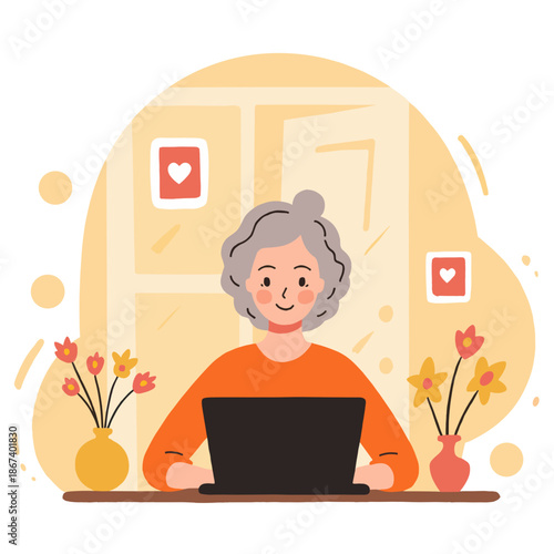 Elderly woman working on laptop at home with flowers in sunlight  