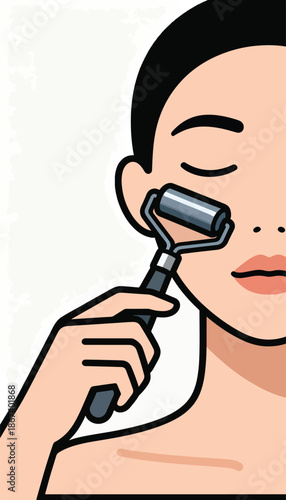 Woman's face with eyes closed, using a roller on her cheek