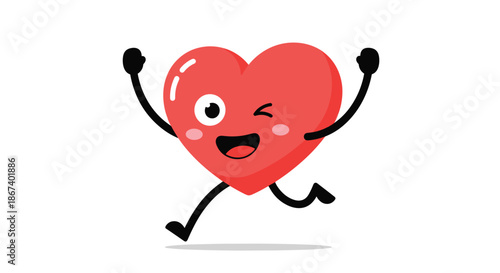 Cute red heart character with arms and legs running happily and winking for valentines day and health awareness concepts.