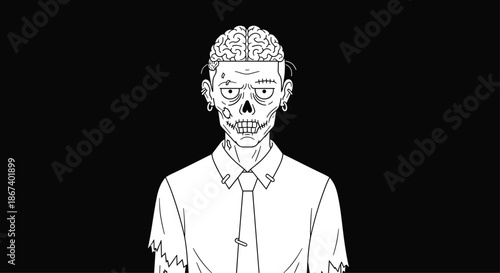Scary zombie man in a shirt and tie with his skull open revealing a human brain illustrated in black and white line art.