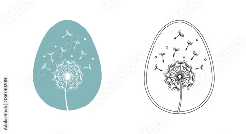 Artistic depiction of a dandelion with flying seeds enclosed in an egg-shaped silhouette, symbolizing life and rebirth.