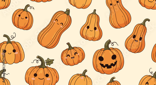 Seamless pattern featuring cute hand-drawn pumpkins with various facial expressions on a warm cream background for autumn decor.