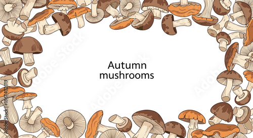 Rectangular frame surrounded by many different mushrooms with the text autumn mushrooms in the center for seasonal designs.
