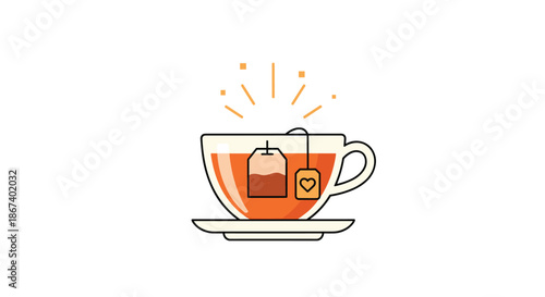 Cozy cup of tea with a steaming tea bag featuring a small heart on the tag, ideal for themes of comfort, relaxation, and warmth.