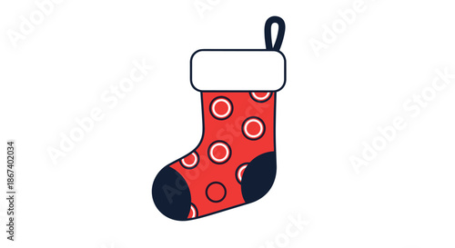 Festive red Christmas stocking with white polka dots and a dark blue toe and heel, designed as a simple holiday icon on a white background.