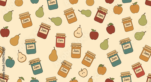 Seamless autumn pattern depicting various jars of jam along with whole and sliced apples and pears on a warm beige background.