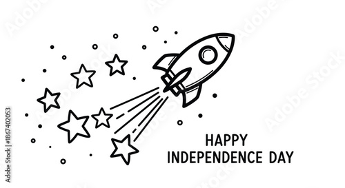 Dynamic line drawing of a rocket ship launching into space surrounded by stars, featuring the text Happy Independence Day at the bottom.