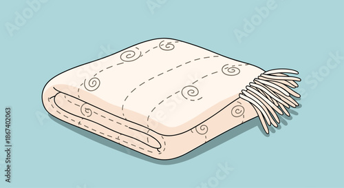 Cozy folded beige blanket featuring delicate spiral embroidery and tassels, ideal for themes of home comfort, warmth, and relaxation.