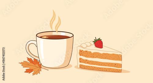 Relaxing scene of a steaming cup of tea and a slice of layer cake topped with a strawberry, accompanied by a single autumn leaf.