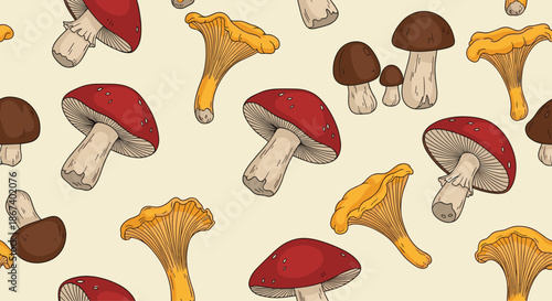 Seamless pattern showcasing a variety of mushrooms including red-capped, brown, and yellow chanterelles on a warm light background.