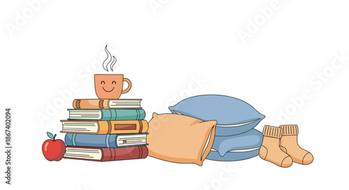 Comforting arrangement of stacked books, a steaming mug of tea with a face, pillows, and warm socks, symbolizing a perfect cozy day in.