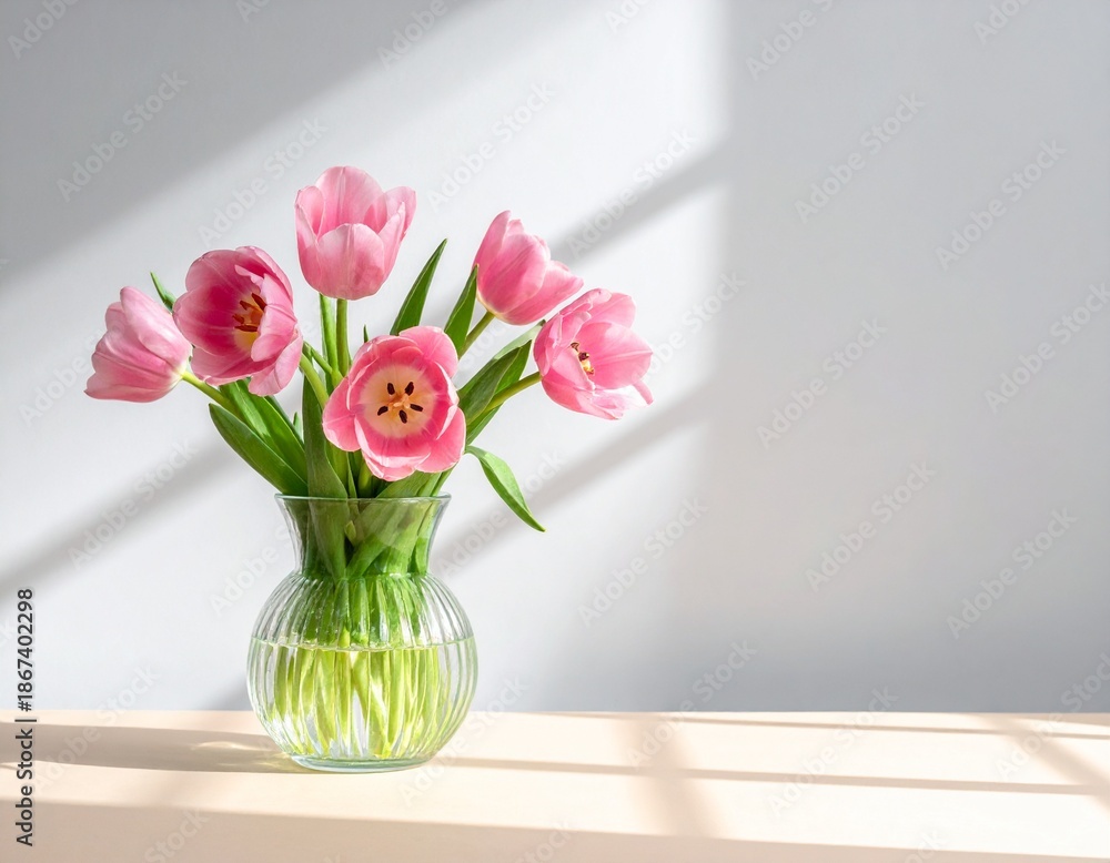 Fototapeta premium Bouquet of Fresh Pink Tulips in Glass Vase on Table with Shadow Background