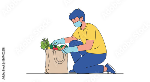 Man wearing protective face mask and gloves packs fresh vegetables into a reusable bag during grocery shopping.