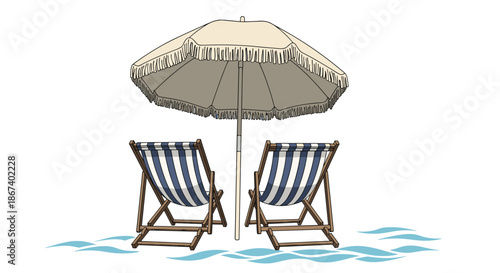 Two striped blue and white deck chairs sit under a large beach umbrella on a stylized water surface against a white background.