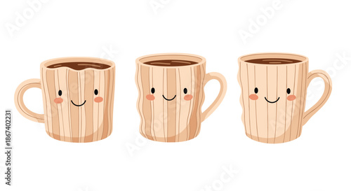 Set of three cute mugs with wooden texture features charming smiling faces for a cozy kitchen illustration.