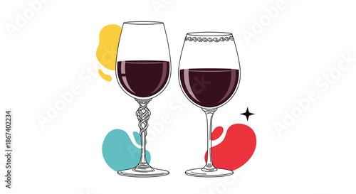Two glasses filled with dark red wine stand against a white background decorated with abstract colorful shapes.
