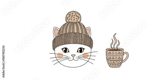 Adorable white cat illustration wears a brown knit pom-pom hat next to a steaming cup of hot beverage.