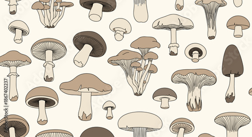 Natural seamless pattern showcases an array of different edible mushrooms in various brown tones on a light background.