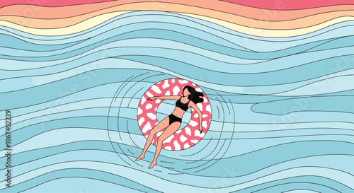 Young woman in a black bikini relaxes while floating on a pink patterned inner tube in blue wavy water.