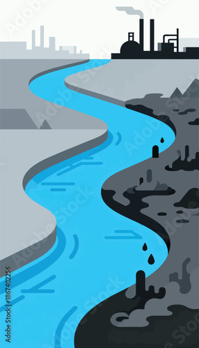 A clean river flows past a polluted industrial landscape