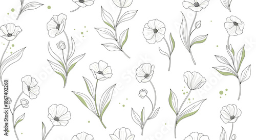 Seamless floral pattern displays hand-drawn poppy flowers with subtle green leaf accents on a clean white background.