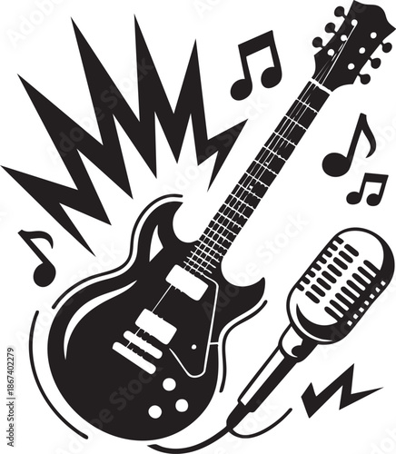 Striking black and white illustration featuring an electric guitar microphone and musical notes for music
