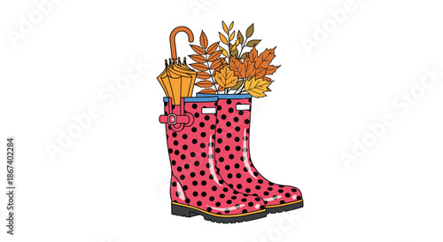 Pair of pink polka-dotted rain boots is filled with colorful autumn leaves and a yellow umbrella for a seasonal theme.