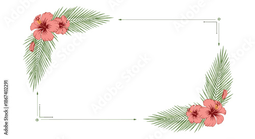 Rectangular frame is elegantly decorated with vibrant pink hibiscus flowers and tropical green palm leaves.