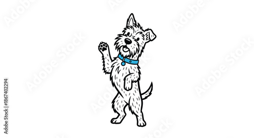 Friendly schnauzer dog illustration stands on its hind legs and raises a paw in a waving gesture on a white background.