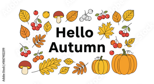 Hello autumn seasonal banner features a variety of fall elements like pumpkins mushrooms berries and colorful leaves.