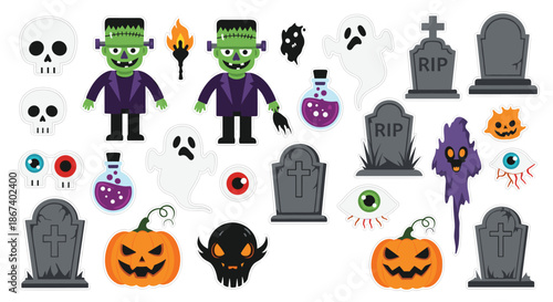 Comprehensive collection of Halloween stickers includes pumpkins ghosts frankenstein monsters graves and spooky eyeballs.