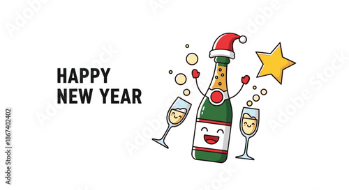 Cartoon champagne bottle wearing a Santa hat and celebrating with two happy glasses for a New Year greeting card.