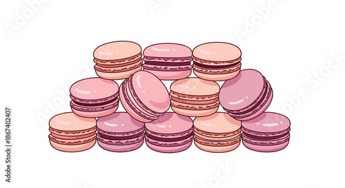 Large stack of colorful French macarons in shades of pink and peach is neatly arranged on a white background.