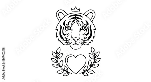Stylized tiger head wearing a small crown with a heart and laurel wreath below in black and white line art style.
