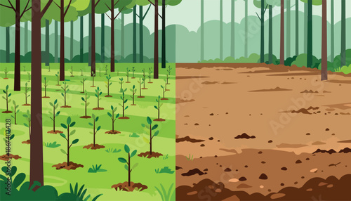 Lush forest on left, barren land on right