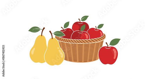 Wicker basket filled with red apples sitting next to two yellow pears and a single red apple on a white background.