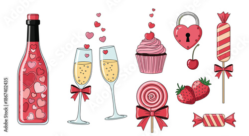 Assorted Valentine Day icons including a heart filled bottle, champagne flutes, cupcake, lock, candy, and strawberries.
