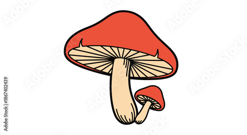 Two red capped mushrooms of different sizes growing together against a plain white background in simple cartoon style.