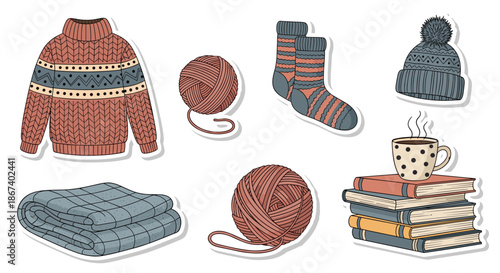 Collection of cozy winter themed stickers including a sweater, wool socks, knitted hat, balls of yarn, books, and coffee.