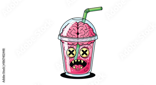 Pink brain floating in a clear plastic cup with a straw featuring a monster face with cross eyes and sharp teeth.