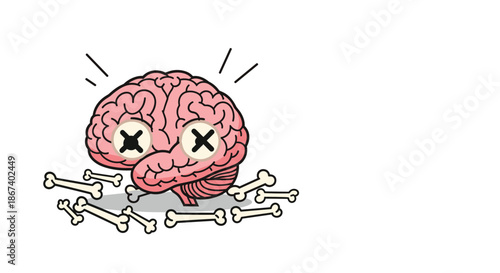 Cartoon pink brain with black cross eyes sitting amidst a pile of small white bones on a plain white background.