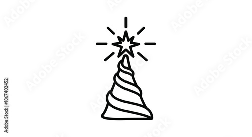 Simple line art drawing of a conical Christmas tree shape topped with a glowing eight pointed star on a white background.