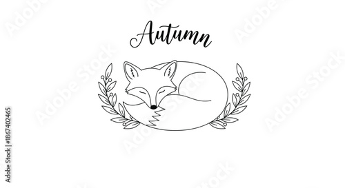 Elegant line art of a sleeping fox curled up inside a leafy wreath with the word Autumn written in script above.