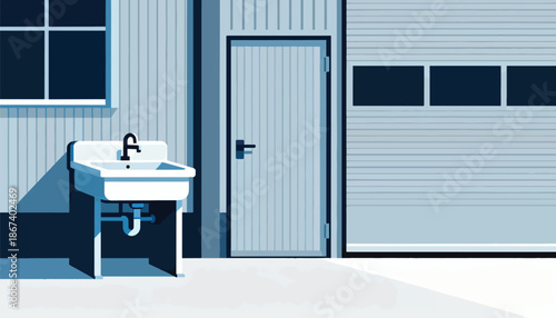 A sink and a garage door outside a corrugated metal building