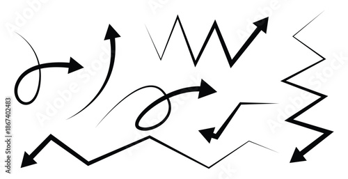 Upward and Downward Zigzag Arrow Chart Icons Representing Stock Market Growth, Financial Loss and Economic Change
