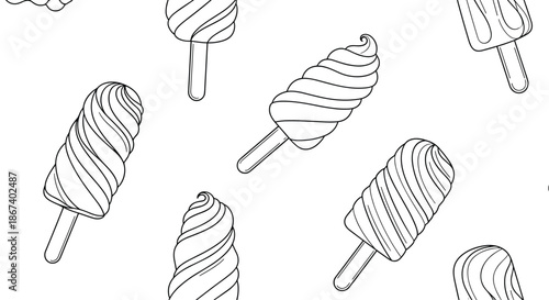 Seamless pattern featuring line art drawings of various soft serve ice cream cones and popsicles on a white background.