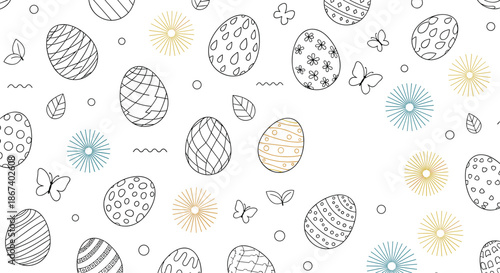 Elegant seamless pattern of decorative Easter eggs with various line art designs and gold stars on a white background.