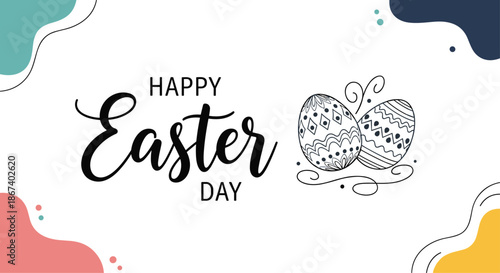 Happy Easter Day greeting with two decorative eggs featuring intricate patterns and colorful abstract background shapes.